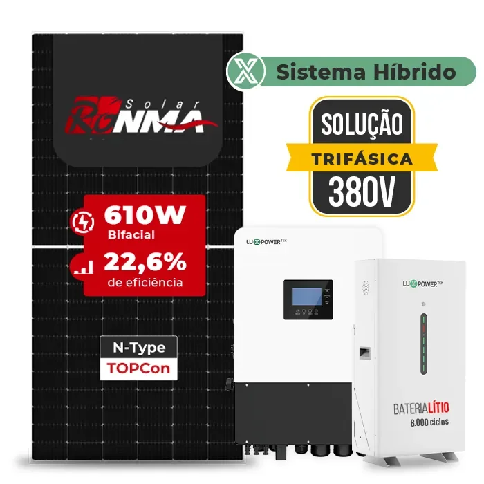 Gerador de Energia Solar Hibrido Luxpower com Bateria Sem Estrutura SGF 21,96KWP RONMA 610W HIBRIDO 15KW TRIF 380V DC48V BAT. LITIO 14,3kWh