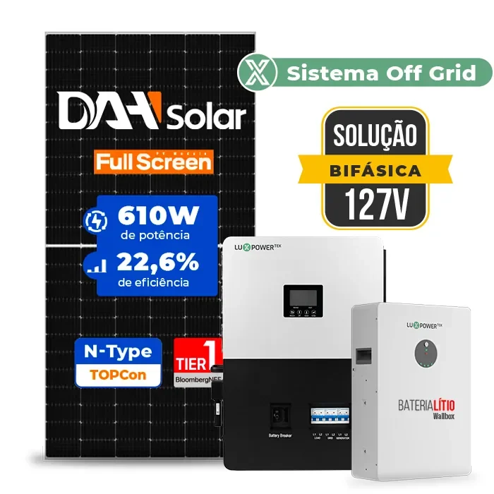 Gerador de Energia Solar Off Grid Interativo Luxpower Sem Estrutura SGF 7,32KWP DAH 610W SNA-BR 5KW AC 127 BIFASICO DC48V BAT. LITIO 5,12kWh