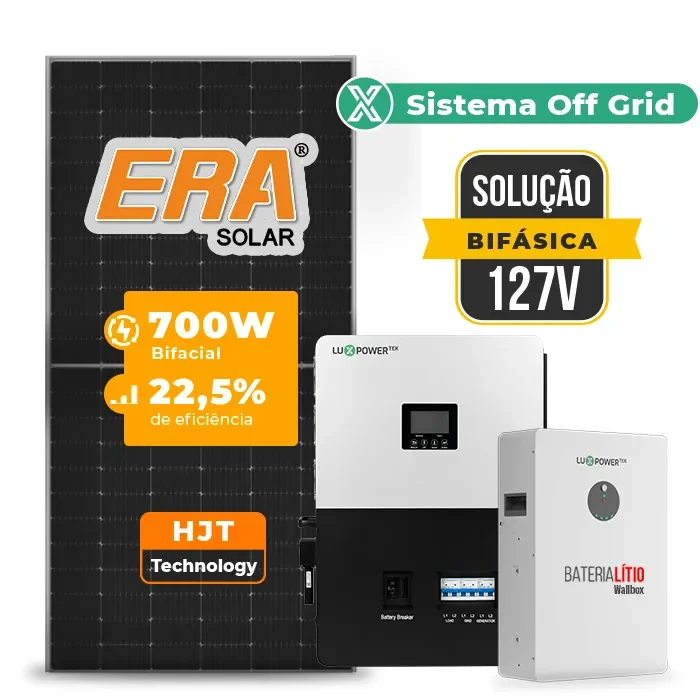 Gerador de Energia Solar Retrofit Luxpower Sem Estrutura SGF 1,4KWP ERA 700W SNA-BR 5KW AC 127 BIFASICO DC48V BAT. LITIO 5,12kWh