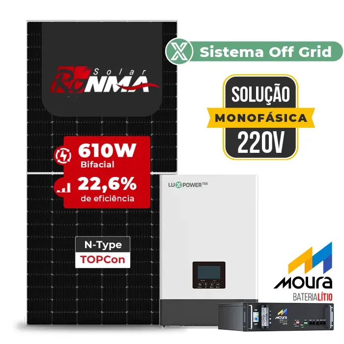 Gerador de Energia Solar Retrofit Luxpower Sem Estrutura SGF 1,22KWP RONMA 610W WPV 5KW AC 220 MONO DC48V BAT. LITIO 4,8kWh