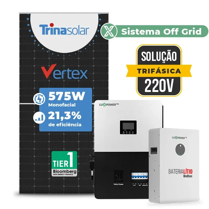 Gerador de Energia Solar Off Grid Interativo Luxpower Laje Inclinação SGF 18,4KWP TRINA 575W SNA-BR 5KW AC TRIF. 220V DC48V BAT. LITIO 15,36kWh