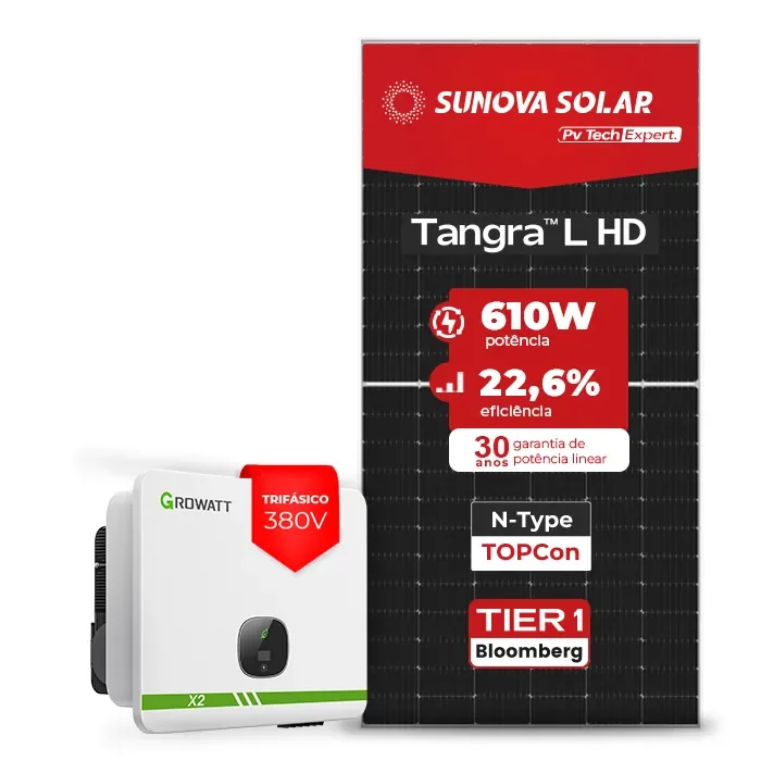Gerador de Energia Solar On Grid Growatt Solo Mesa 8 Painéis SGF 29,28KWP SUNOVA N-TYPE MONO 610W MID X2 20KW 2MPPT TRIF 380V