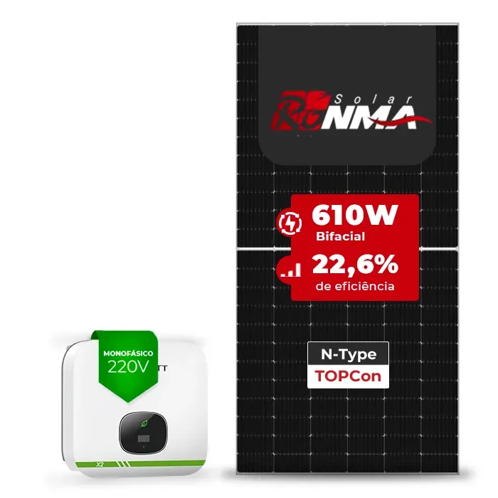 Gerador de Energia Solar On Grid Growatt Telhado Fibro Parafuso Madeira SGF 7,93KWP RONMA 610W BIFACIAL MIN X2 5KW 2MPPT MONO 220V