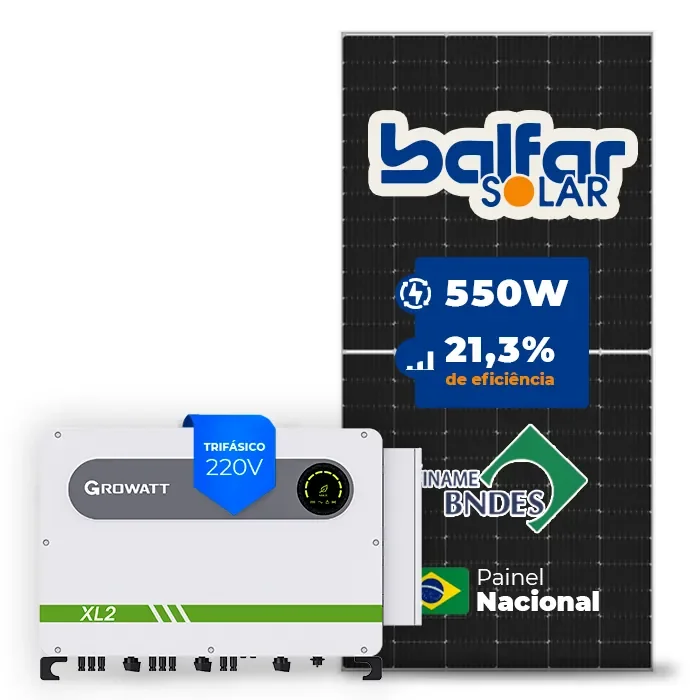 Gerador de Energia Solar On Grid Growatt Solo Mesa 8 Painéis SGF 110,00KWP BALFAR FINAME 550W MAX XL2 75KW 8MPPT TRIF 220V