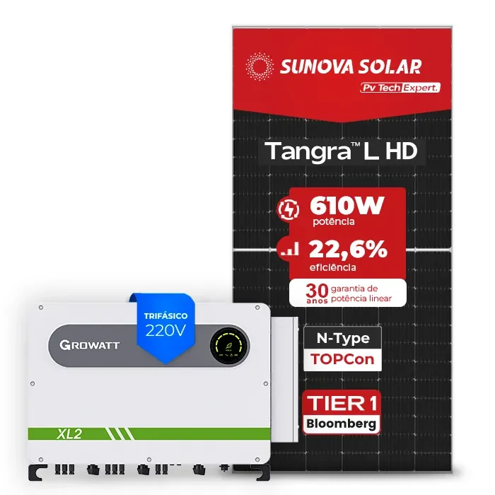 Gerador de Energia Solar On Grid Growatt Telhado Fibro Parafuso Metal SGF 87,84KWP SUNOVA N-TYPE MONO 610W MAX XL2 75KW 8MPPT TRIF 220V