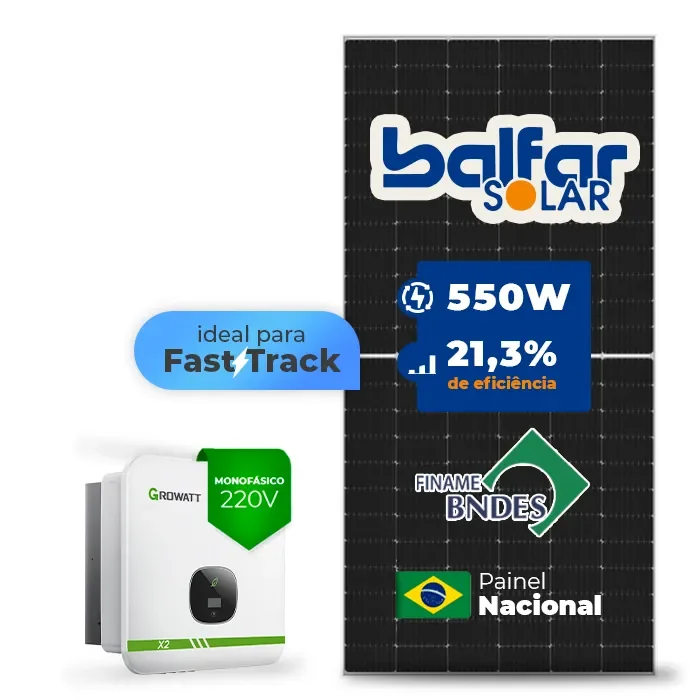 Gerador de Energia Solar On Grid Growatt Solo Mesa 8 Painéis SGF 6,60KWP BALFAR FINAME 550W MIN X2 7.5KW 2MPPT FAST TRACK MONO 220V