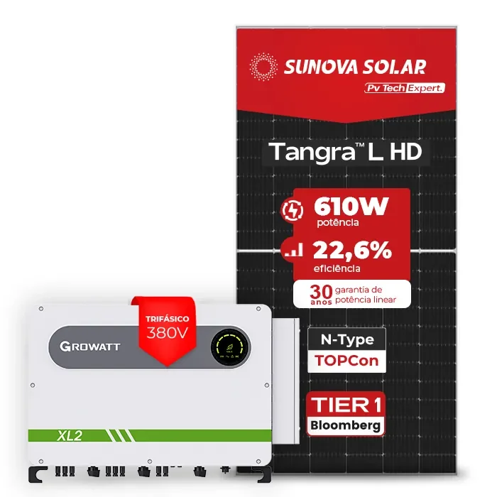 Gerador de Energia Solar On Grid Growatt Telhado Fibro Parafuso Madeira SGF 561,20KWP SUNOVA N-TYPE MONO 610W MAX 75KW 7MPPT TRIF 380V