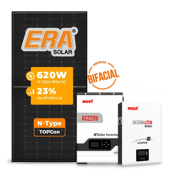 Gerador de Energia Solar Off Grid Interativo Must Telhado Cerâmico Gancho SGF 7,44KWP ERA BLACK 620W PV29 HP 5KW AC220V DC48V BAT. LITIO