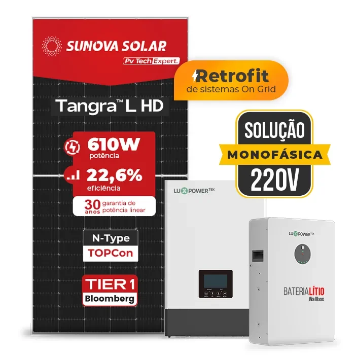 Gerador de Energia Solar Retrofit Luxpower Sem Estrutura SGF 1,22KWP SUNOVA 610W WPV 5KW AC 220 MONO DC48V BAT. LITIO 5,12kWh