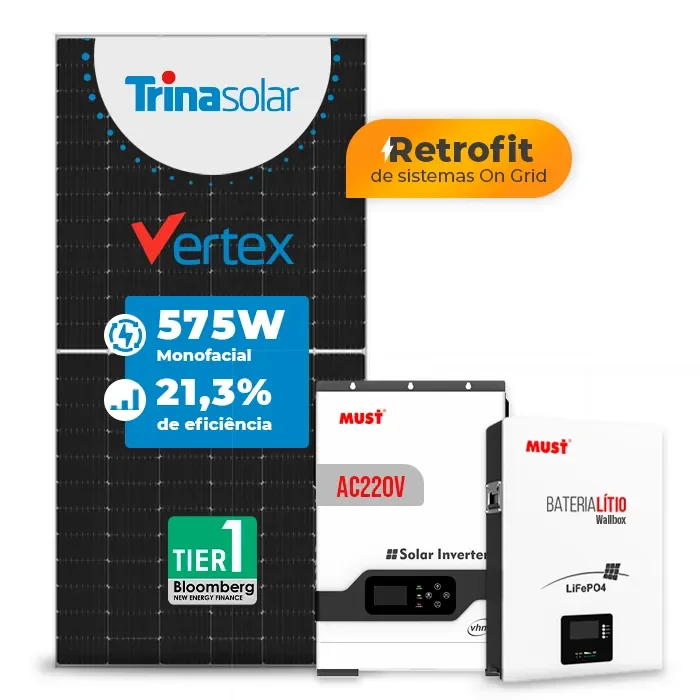Gerador de Energia Solar Retrofit Must Sem Estrutura SGF 1,15KWP TRINA 575W VHM 3KW AC220V DC48V BAT. LITIO 5.12KWH 100A
