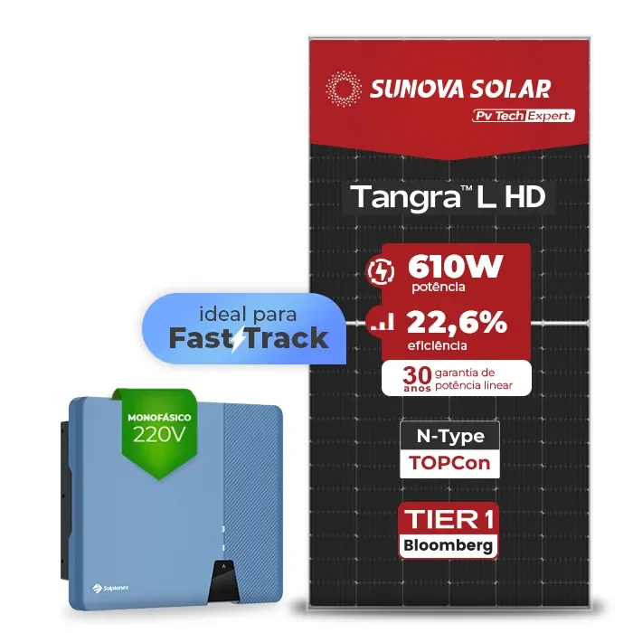 Gerador de Energia Solar Fast Track Solplanet Telhado Fibro Parafuso Metal SGF 11,59KWP SUNOVA N-TYPE MONO 610W ASW 7.3KW 3MPPT MONO 220V