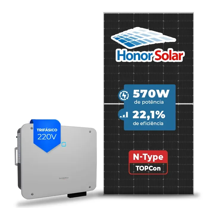 Gerador de Energia Solar On Grid Sungrow Telhado Metálico Mini Trilho SGF 109,44KWP HONOR N-TYPE 570W SG P2-LV 25KW 3MPPT TRIF 220V