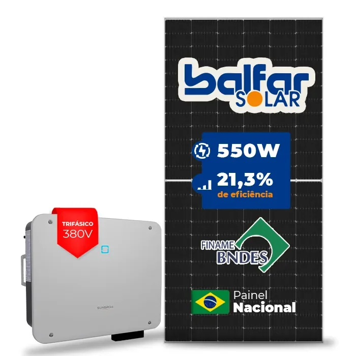 Gerador de Energia Solar On Grid Sungrow Telhado Fibro Parafuso Metal SGF 49,50KWP BALFAR FINAME 550W SG P2 36KW 4MPPT TRIF 380V
