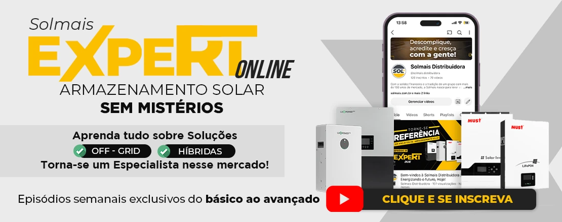 O Solmais Expert Online é um curso sobre armazenamento de energia solar com episódios salvos no youtube, do nível básico ao avançado