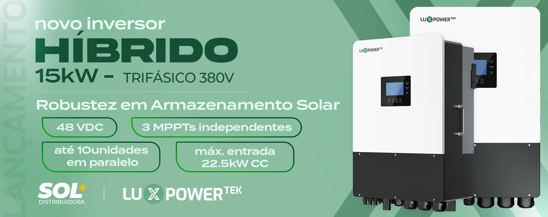 A potência que faltava para projetos de médio porte. Um híbrido robusto para redes  trifásicas, garantindo estabilidade e energia contínua para sua empresa.