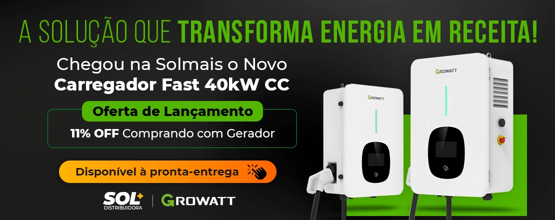 Chegou na Solmais o novo Carregador Fast 40kW cc, com oferta de lançamento de 11% OFF na compra em qualquer gerador, disponível à pronta-entrega
